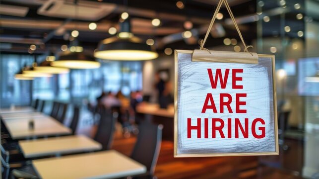 Open hiring opportunity sign displayed prominently in a modern office space with contemporary design, indicating positions available at a bustling workforce environment