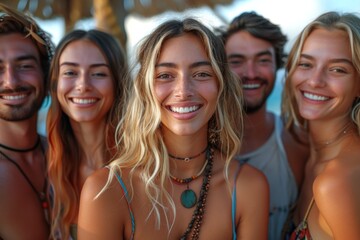 Fototapeta premium Group of friends enjoying a sunny beach day with smiles and laughter near the ocean, captured at golden hour in a tropical paradise with vibrant natural scenery