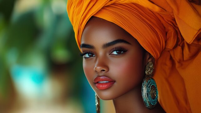 Beautiful Black Woman Wearing a Headscarf and Earrings