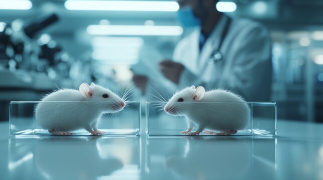 Two white lab mice in a scientific laboratory with researchers in the background