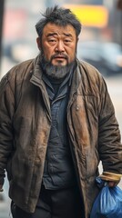 Obraz premium A rugged man walks through a city street during midday, dressed in an old, worn jacket with a thoughtful expression, reflecting the challenges of life in an urban environment
