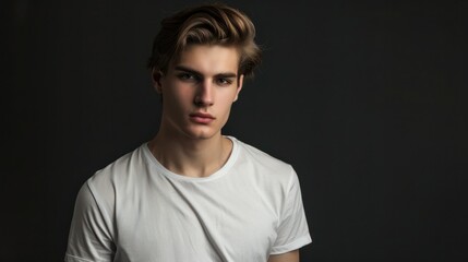Naklejka premium Young man confidently showcases white tshirt. Concept Fashion Photography, White T-shirt, Confident, Young Man, Stylish Portrait 