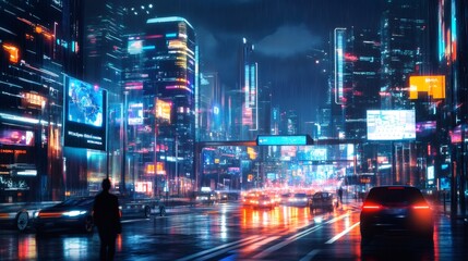 Obraz premium A futuristic city at night with neon lights and rain.