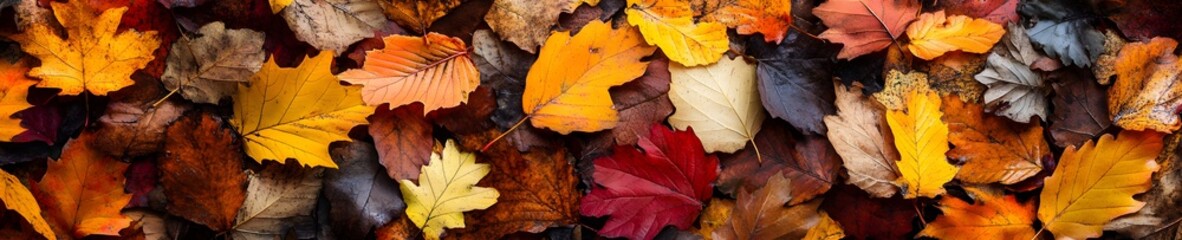 Colorful autumn leaves scattered on the ground, vibrant fall foliage in various shades, nature background with fallen leaves

