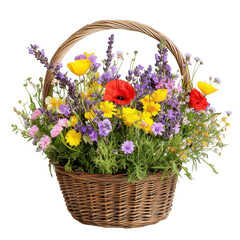 A vibrant basket filled with assorted wildflowers, showcasing nature's beauty.