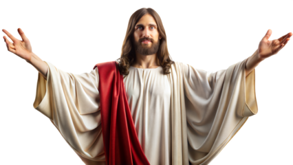 Jesus in white robe, welcoming arms, cut out transparent