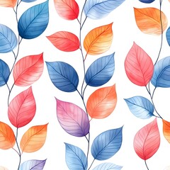 Seamless watercolor pattern with colorful blue, red, and orange leaves on white background
