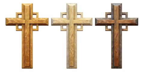 Three wooden crosses in different styles, cut out transparent