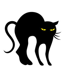 Black cat with an arched back. Vector clipart isolated on white background.