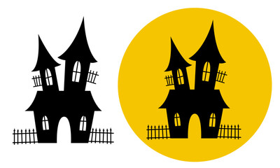 Haunted house. Silhouette of an abandoned castle and ghosts flying around it. Illustration for halloween.