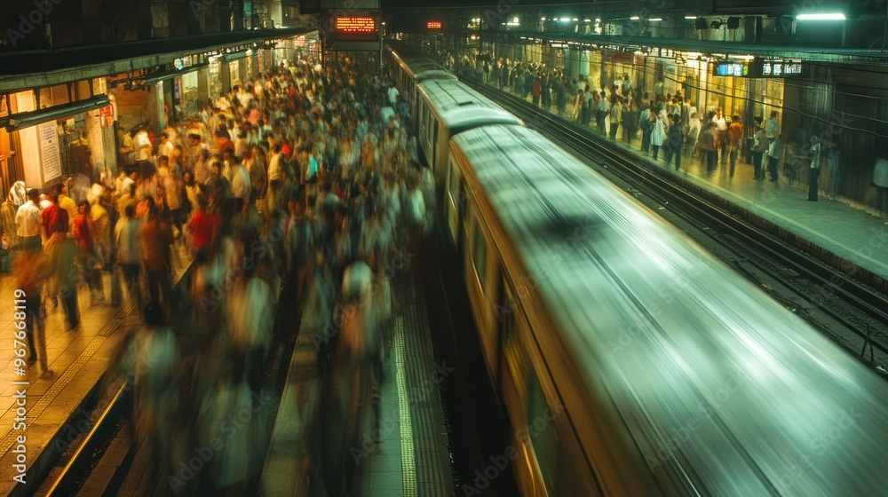 Canvas Prints A bustling subway station filled with commuters as a train rushes by.