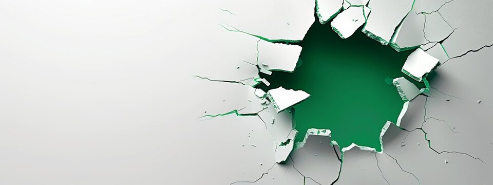  3D green mark symbol breaking through white wall with a hole in the right, with left blank copy space, in the cute style with high resolution
