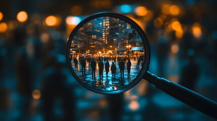 A magnifying glass over an array of human figures, with some blurred and others more clearly defined, representing the concept of enhanced customer understanding in digital marketing