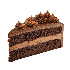 A delicious slice of rich chocolate cake, layered with creamy frosting and topped with chocolate swirls, perfect for any dessert lover.