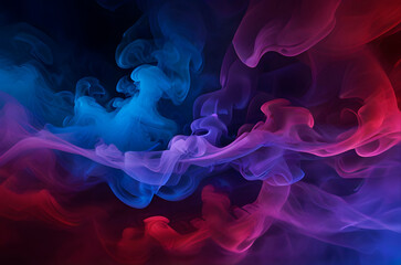Fototapeta premium Poster with color powder explosions, splashes of red and blue paint burst, bright colorful clouds of smoke and dust with particles on black background.