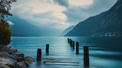 A tranquil lake with a weathered wooden pier stretching into the serene water surrounded by...