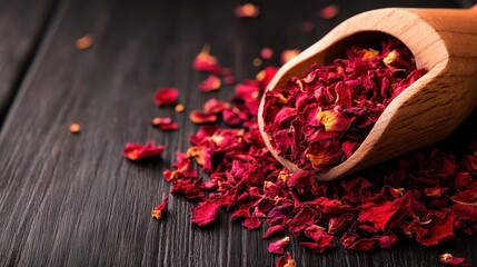 Dried rose petals spilled from a wooden scoop, creating a beautiful display on a rustic wooden surface.