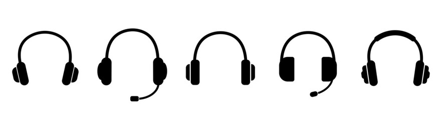 Headphones icon. Black headphones icon collection. Set of music headphones icons. headphone with microphone.  Vector headphone icons