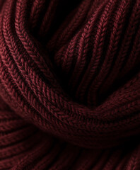 ribbed wool scarf in deep burgundy, knit and purl stitches alternating for a textured stretch effect