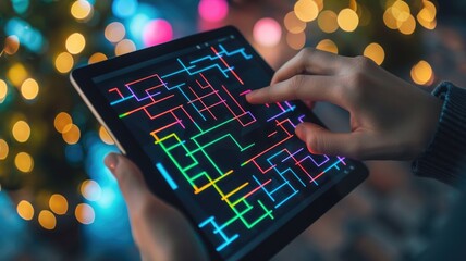 defocused digital interface displaying neon circuit paths and glowing nodes