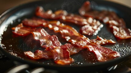 Fototapeta premium Crispy bacon strips sizzling in a skillet on a stovetop during breakfast preparation in a cozy kitchen setting