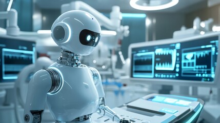 A futuristic medical robot in an operating room with a digital screen showing a heart beat.
