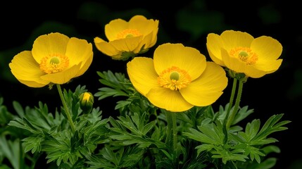 Obraz premium Close-up of Yellow Flowers with Green Leaves Against a Dark Background