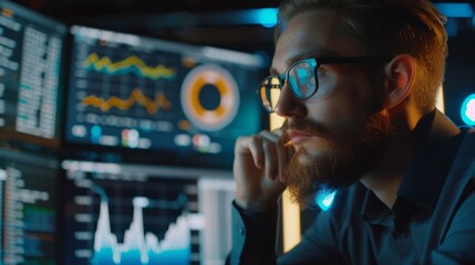 A focused analyst reviewing financial data charts and trends in a dimly lit office environment while considering investment strategies on multiple monitors