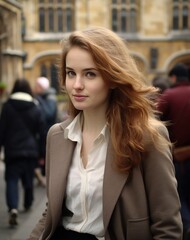 Fototapeta premium An Elegant Young Woman Surrounded by the Iconic Architecture of Prestigious University. Student of higher education institution