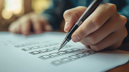 a person using a pen to mark checkboxes on a checklist