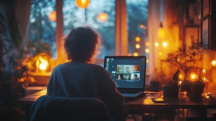 Obraz premium 46. **A patient attending an online support group meeting**, seated at a desk with a laptop, connecting with others through a video call in a comfortable setting 