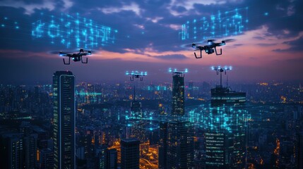 Fototapeta premium .A futuristic cityscape illuminated by the power of 5G