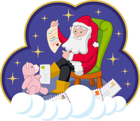 Santa reading letters brought by a Teddy bear