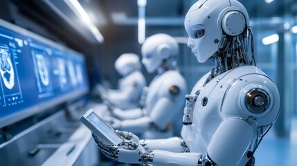 Fototapeta premium A humanoid robot in a futuristic laboratory looks at a digital tablet with a blurred out robot behind it.