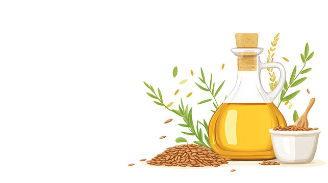 flaxseed oil bottle, seeds, green leaves clip art preview