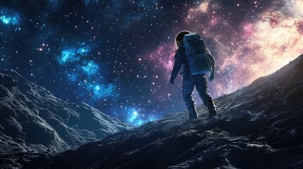 Obraz premium Astronaut walking on the surface of a distant planet with stars and space in the background.