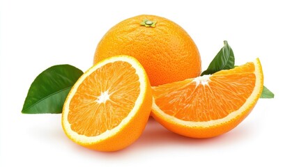 Fresh juicy orange with vibrant green leaves, isolated on a white background.