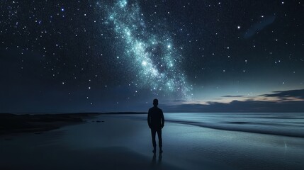 Silhouette of man gazing at starry night sky and milky way over tranquil beach