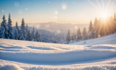 Fototapeta premium Winter snow background with snowdrifts, with beautiful light and snow flakes on the blue sky, beautiful bokeh circles, banner format, copy space.