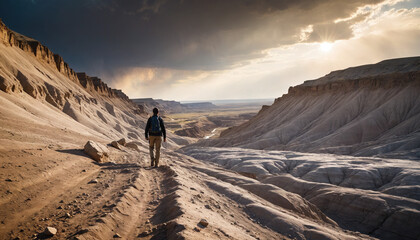 Naklejka premium Badlands Unknowns in Cloudy Summer: The Pathfinder's Globetrot Overwhelmed in Landslide