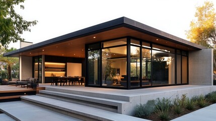 Fototapeta premium Modern Home Exterior with Concrete Patio and Steps