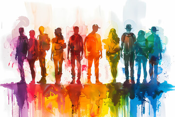 Naklejka premium A diverse group of individuals stands together, silhouetted against a vibrant watercolor background, showcasing unity and diversity in a colorful way.