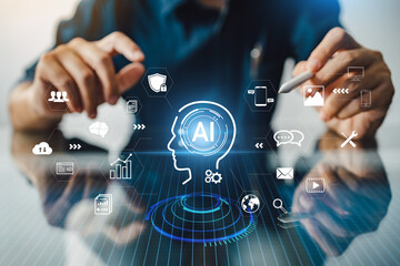 Artificial intelligence AI concept development for future of people living. Digital data generative and machine learning technology design by using big data operating information in cyber system.