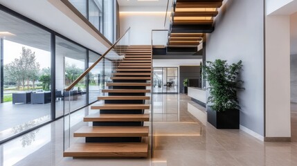 Modern Interior Design with Wooden Stairs and Glass Railing