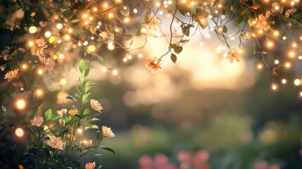 Enchanting garden with glowing string lights and blooming flowers at sunset