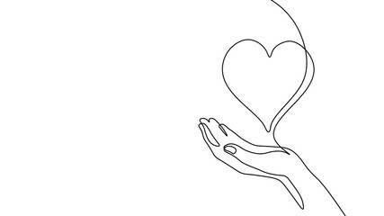 Fundraising giving heart symbol money hand. Continuous one line draw sketch art. Charity volunteer giving donate social project. Finance funding vector illustration