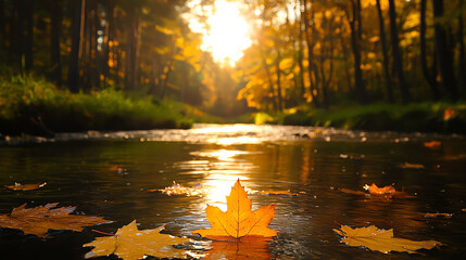 Obraz premium A serene autumn scene with golden leaves floating on a tranquil river reflecting the warm sunlight of the season.