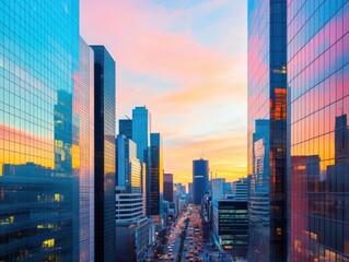 Obraz premium Stunning city skyline reflecting vibrant sunset colors on glass buildings, capturing urban beauty and evening tranquility.