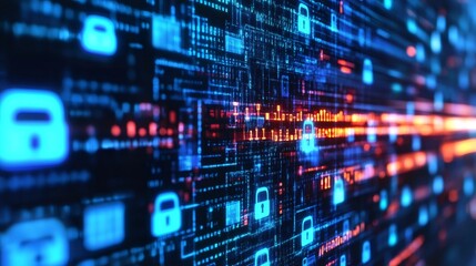 Obraz premium Abstract digital background with glowing lock symbols and binary code.