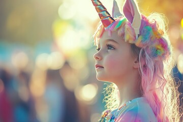 Side view of a child dressed as a unicorn at a school carnival event. Kids carnival